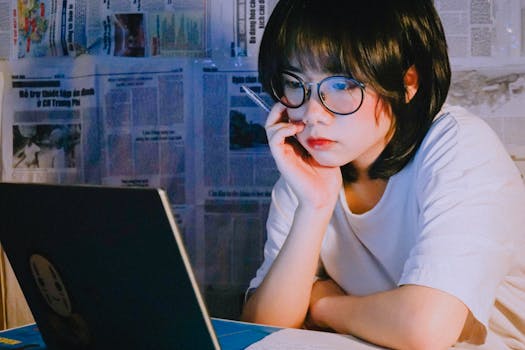 Focused Asian woman with eyeglasses studying on a laptop in a news-clipping decorated room.